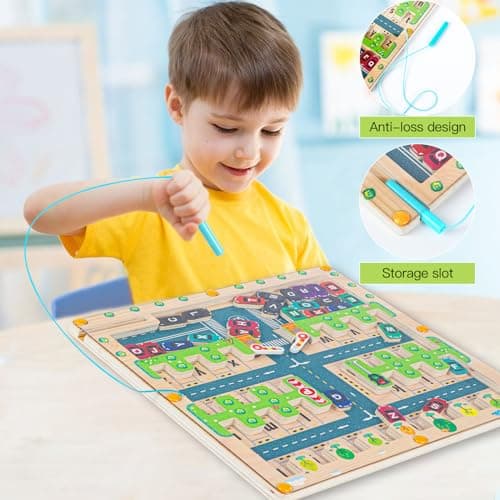 VLEDARLING Jeu Magnétique Labyrinthe Jouet en Bois, Labyrinthe Magnetique, Jouet Bois Montessori de 3-6 Ans, Apprendre Jeu de Tri, Jouet en Bois pour Apprendre Alphabet,Parking Labyrinthe Jouet Enfant