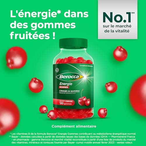 Berocca® Energie gommes - Multivitamines Complément alimentaire - Source de vitamines B* et vitamine C - Réduction de la fatigue, donne de l'énergie au quotidien - Goût Cerise - 3x60 gommes