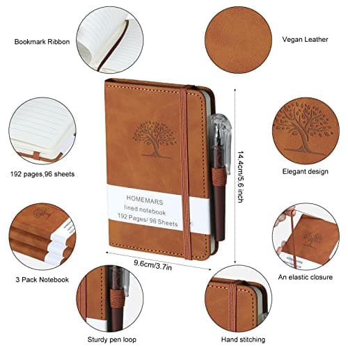 HOMEMARS Carnet de Notes, Petit Carnet, Petit Cahier, 3 Paquet, Cahier de Note, Carnet de Voyage, 14.4 cmx9.6cm, Marron, 192 Pages Chacune, Couverture Rigide, Motif d'arbre en Relief, Cuir végétalien