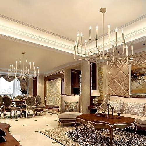 Lustres Dorés Modernes, Éclairage De Lustre Industriel En Métal À 16 Lumières, Suspension À Bougie Classique Pour Îlot De Cuisine, Salle À Manger, Salon, Entrée, Escalier E14 (Ampoules Non Incluses)