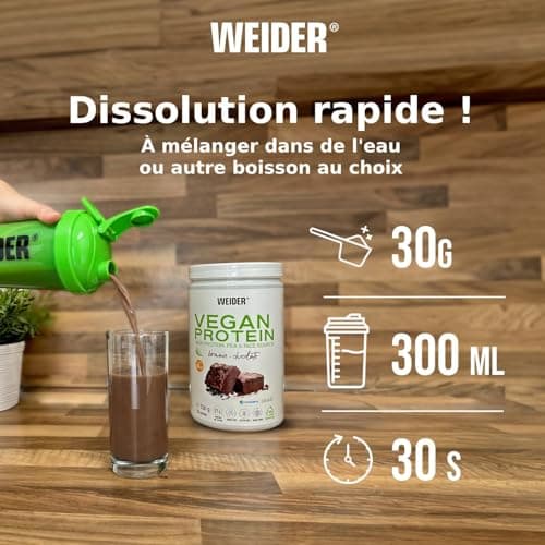Weider Vegan Protein (300g) Goût Choco-Brownie, Protéines 100% Vegetal 21g/dose, Pois (Isolat Pisane) & Riz, Avec Vitamine B12 & Stevia, Sans Gluten, Sans Sucre, Emballage 50% Recyclé, 100% Recyclable