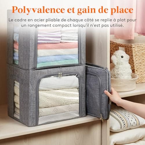 Lifewit Lot de 3 Sacs de Rangement Robuste avec Cadre en Métal, Boîte de Rangement Pliable, Organisateur Placard, Rangement Sous Lit, Boîtes Rangement pour Vêtements, Couvertures, 40L, Gris