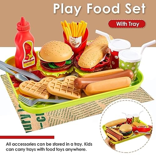 BUYGER Hamburgers Jouet Démontable pour Enfants | Accessoires Cuisine Enfant avec Plateau, Jeu d'Imitation et Éducatif pour Cuisine Dinette, Cadeau Fille Garçon 3 4 5 Ans