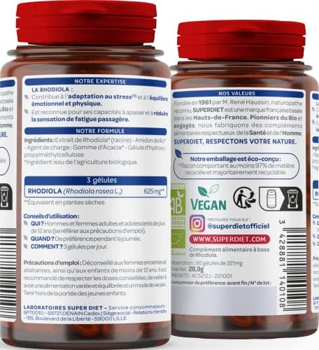 SUPERDIET - RHODIOLA BIO - Résistance au stress, Équilibre émotionnel - Phytothérapie - Fabrication Française - 90 Gélules