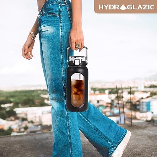 HYDRAGLAZIC 2L Verre Gourde avec paille et marqueur de temps Motivationnel Bouteille avec manchon en silicone Large bouche Borosilicate Cruche d'eau Sans BPA Anti-fuite, Noir