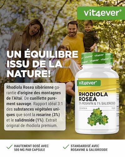 Rhodiola Rosea -120 gélules de 500 mg - Véritable Extrait -Matière première de qualité supérieure: 3% de rosavine & 1% de salidroside -100% d'extrait de racine de rose musquée - Hautement dosé - Vegan