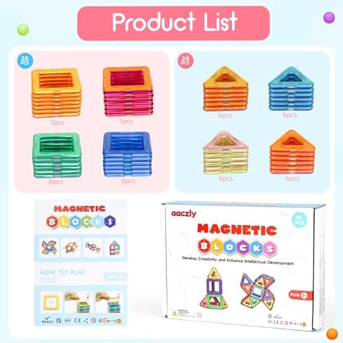aaczly Construction Magnetique Enfant 50 Pièces Blocs de Construction Magnétiques Enfants Educatif Jeux Cadeaux pour Enfants à Partir de 3 4 5 6 7 an