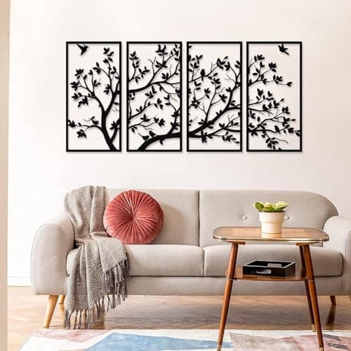 Décoration murale arbre de vie en métal à 4 panneaux pour cadeau de jardin, maison, chambre à coucher, salon (60 x 30 cm)