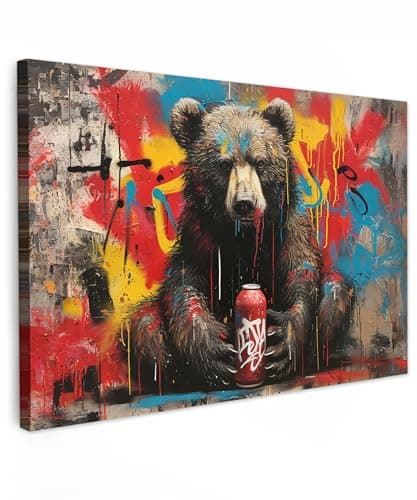MuchoWow© Impression sur Toile Decoration Murale Peinture 60x40 cm Tableaux Decoratifs Muraux Déco Chambre Tableau Salon Graffiti - Ours - Bouteille - Mur - Street art - Banksy