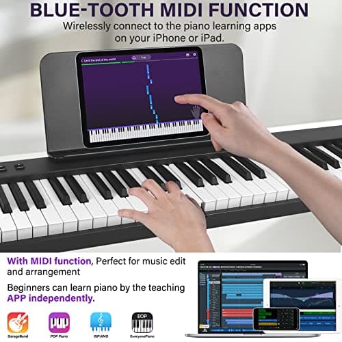 Clavier de piano pliant Kime, clavier électrique Piano 88 touches Clavier pliable de piano numérique semi-pondéré avec pédale de sustain Bluetooth MIDI, porte-feuille de musique, sac de transport