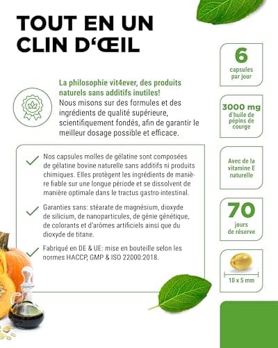 Huile de pépins de courge - 420 capsules - 3000 mg par portion journalière - Avec vitamine E naturelle - Hautement dosée - Naturelle et pressée à froid