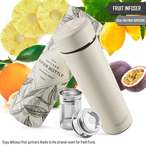 Bouteille d’eau isotherme à infusion thé & fruits + infuseur à fruit + passoire thé sans BPA | Thermos 450ml en acier inoxydable isolé sous vide | Gourde bureau extérieur école voyage sport