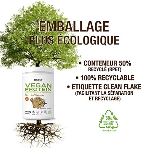 Weider Vegan Protein (750g) Goût Cappuccino. Protéines 100% Vegetal 23g/dose, Pois (Isolat Pisane) & Riz. Avec Vitamine B12 & Stevia. Sans Gluten, Sans Sucre. Emballage 50% Recyclé, 100% Recyclable