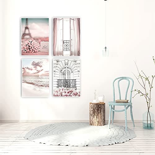 DCIDBEI 30x40CM 4 Pack Rond Peinture Diamants 5D Paysage Mer Rose, Diamond Painting Fenêtre Tableau Perle Diamant DIY,Décoration Murale/Cadeau Anniversaire Fête Fille Soeur Adultes Loisirs Creatif
