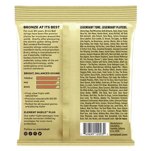 Ernie Ball Earthwood Cordes moyennes légères Bronze 80/20, pour guitare acoustique, calibre 12-54