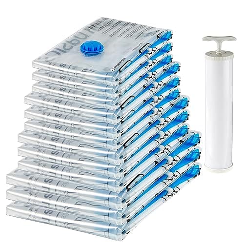 Amazon Basics de rangement sous vide avec pompe manuelle, Lot de 12, (3 jumbo, 3L, 3M, 3S), Fermeture éclair, Multiple, Blanc,bleu