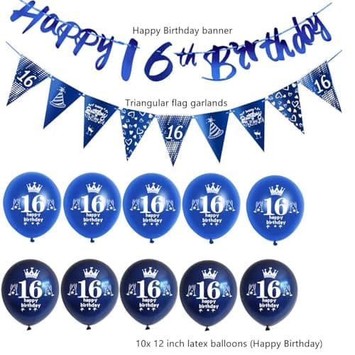 Bleu guirlande Happy 16th Birthday bannière + 16 ans anniversaire drapeaux triangulaires + 16 pcs 16 ans anniversaire ballons 16 ans anniversaire garcon décoration anniversaire 16 ans garcon Bleu