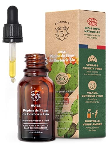 Bionoble Huile de Pépins de Figue de Barbarie Bio 15ml + Pipette - Bouteille en Verre - 100% Pure, Naturelle, Pressée à Froid - Huile de Figue de Barbarie Bio Visage Anti-Âge et Anti Cerne Bio