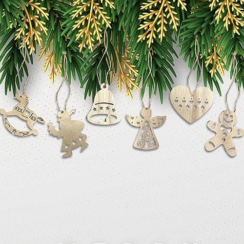 FRUHLING 30 Pièces Pendentifs en Bois de Noël Decoration Sapin Noël Bois Arbre de Noël Ornements avec Boîte en Bois pour Etiquette de Cadeau et Décoration Bricolage 6 Styles