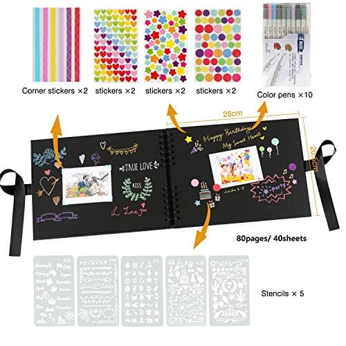 YILEEY Album Photos, 28x21cm Traditionnel Scrapbook 80 Pages Noires Mariage Livre d'or, DIY Scrapbooking Set avec 10pcs marqueurs stylos 5pcs Pochoirs 6pcs Autocollants et 2pcs Coins Photo