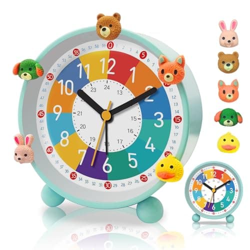 PIXESTT Reveil Enfant, Reveil Enfant Educatif Jour/Nuit IdéAl pour êTre à L’Heure à L'ÉCole, sans Bruit De Tic-Tac avec Fonction Snooze Et Veilleuse, Livré avec 5 Adorables DéCorations De RéVeil Vert