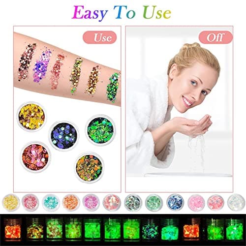 12 Pièces Paillettes Fluorescentes Visage Corps, Holographique Paillettes, Fluorescent Paillette, Paillettes Gel, Paillettes Ensemble pour Ongles, pour Visage, Fluorescent Paillette pour DIY, Corps