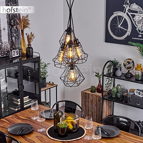 HOFSTEIN Suspension Tianjin, lampe à suspendre en métal noir, 5 flammes, 5 x E27, max. 149 cm, lampe à suspendre avec aspect grillagé dans un design rétro/vintage, ampoule(s) non incluse(s)