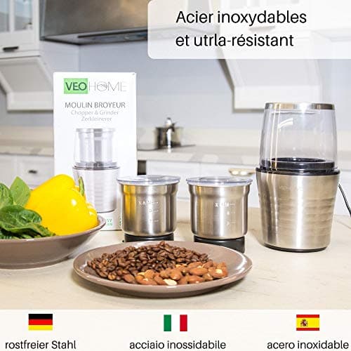 VeoHome Moulin à café et mixeur électrique broyeur pour Grains de café, Graine de Lin et Autres épices - INOX