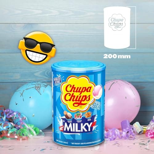 Chupa Chups - Tubo de 100 Sucettes - Parfums Choco/Vanille, Lait/Fraise, Caramel - 0 Pour cent de Matières Grasses - Idéal pour Fêtes d'Anniversaires - Boite Milky de 1,2 Kg