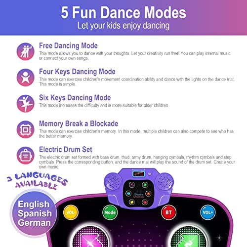 Aucrsozk Enfants Tapis de Danse pour 3 4 5 6 7 8+ Ans Filles avec Bluetooth, Musique Tapis Danse avec 6 Flèches de Lumière LED, Électronique Dance Mat avec Volume Réglable pour Cadeaux de Vacances