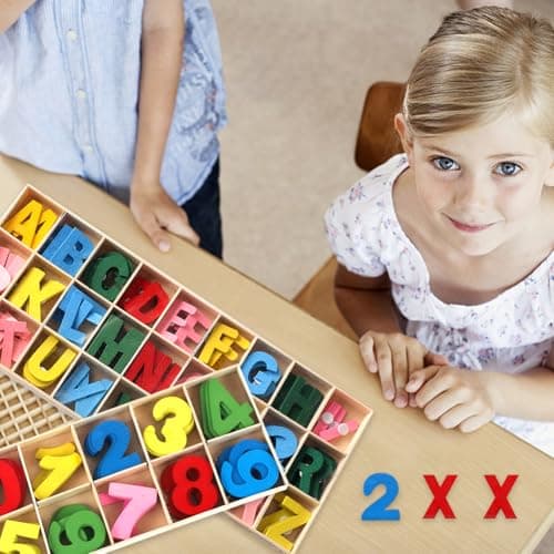 Lot de 216 PCS Lettres et Chiffres en Bois,Lettres En Bois Ensemble - avec plateau de rangement,Pour Travaux Manuels, Décoration de La Maison et Enseignement Pour Enfants
