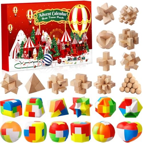 Calendrier de l'Avent 2024 Casse-Tête - 24 jours de Noël avec Casse-Têtes en Plastiques et en Bois, Puzzles 3D, Tests de QI et Jeux de Démêlage pour Enfants, Filles, Garçons, Adolescents et Homme