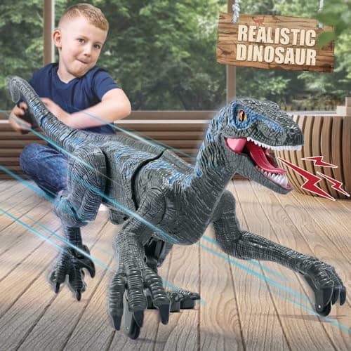 Jouets Dinosaures télécommandés 2,4 G,vélocirapteur électronique éducatif avec lumières et Sons,Jouets Robot Dinosaure alimentés par Batterie Rechargeable,Meilleurs Jouets RC Cadeaux pour Enfants