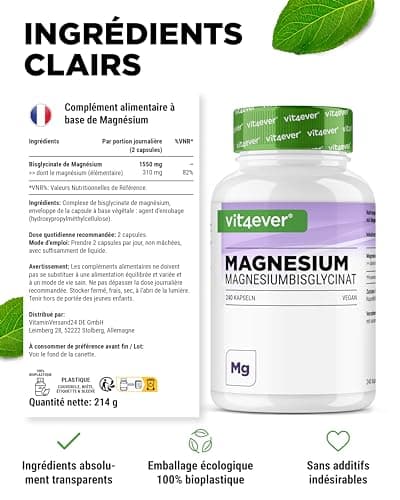 Bisglycinate de magnésium - 240 gélules - Premium : Magnésium chélaté - 155 mg de magnésium élémentaire par gélule - Vegan - Formule à haute dose