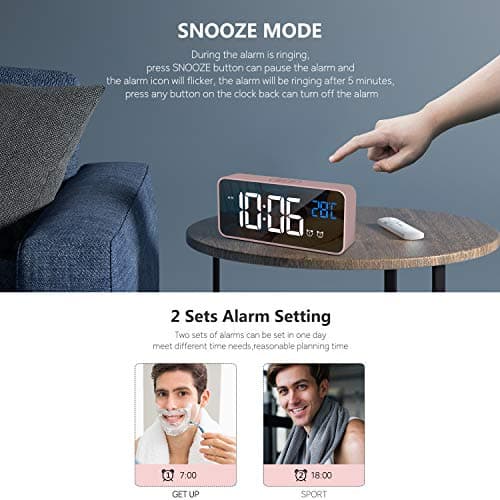HOMVILLA Réveil Numérique avec Grand Affichage de la Température LED, Alarme de Miroir Portable avec Double Alarme Roupillon Temps Gradateur de Luminosité Réglable sur 4 Niveaux (Rose)