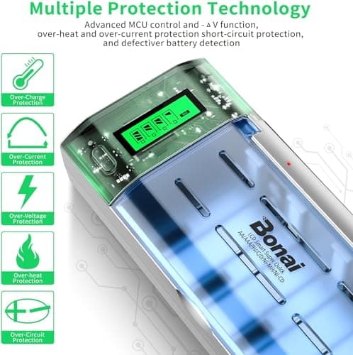 BONAI LCD Chargeur de Piles Rechargeable Universel, Chargeur de Batterie Rapide pour AA/LR6, AAA/LR3, C/R14, D/R20, 9V Piles Rechargeables Ni-MH Ni-CD, avec Fonction de Décharge