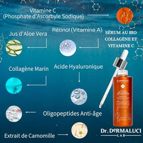 Vitamine C Serum Visage Collagene Acide Hyaluronique Retinol BIO 100ml |Soins de la Peau | Oligopeptides, Aloe Vera |Anti-âge Antioxydants Eclaircissant Sébum Balancer |Cosmétique Naturelle |Italie
