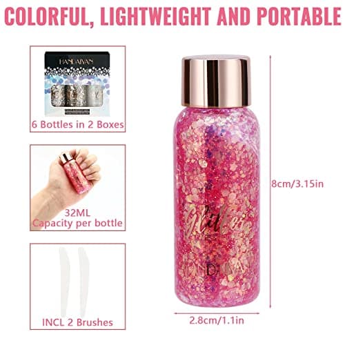Royouzi Paillettes Visage, Glitter Body Gel, 6 Bouteilles Sirène Paillettes, Chunky Glitter Liquide Gel, 6 Couleurs Maquillage Glitter pour Fard à Paupières, Festival, Fête, Noël, Pâques, Maquillage