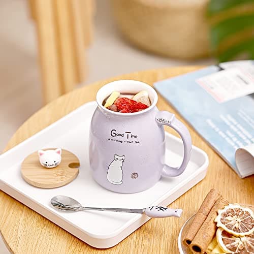 Chat Tasse Jolie tasse à café en céramique avec couvercle et cuillère en bois chat kawaii Nouveauté Morning Cup Tasses à thé au lait au café Tasses de chat pour les amoureux des chats Femmes (mauve)