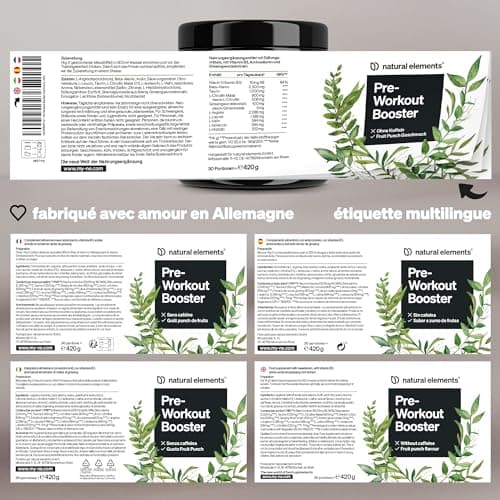 Pre-Workout Booster – zéro caféine – goût punch de fruits – avec niacine, ginseng et BCAA – végane, sans caféine – produit et contrôlé en laboratoire en Allemagne