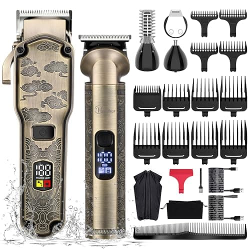 Hatteker Tondeuse à cheveux professionnelle pour hommes Set de tondeuses à barbe et à cheveux T-Blade Trimmer lavable Kit d'entretien sans fil Tondeuse à nez et à corps Tondeuse Cheveux et Barbe Set