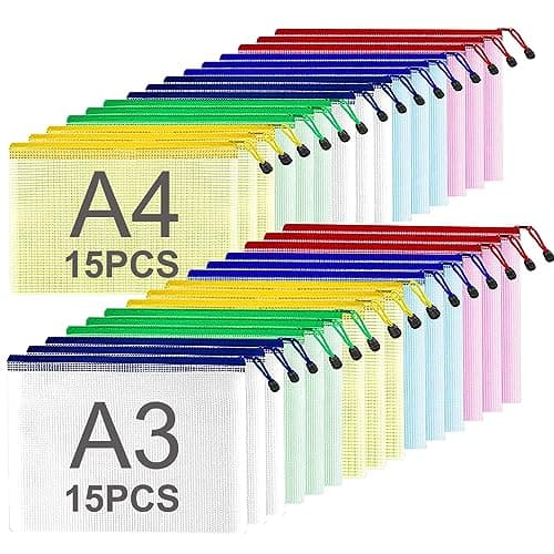 ASelected 30PCS Pochette Zippée A3+A4, 5 Couleurs Pochette Plastique Zippée, A3 Pochette Zip PVC Mesh de Rangement Fichiers A4 Pour Stockage Document Recettes D'Entreprises Organisation