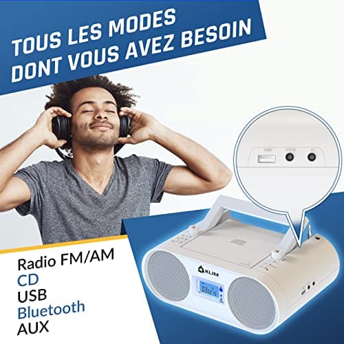 KLIM Boombox B4 Poste Radio CD Portable + Radio AM/FM, CD, Bluetooth, USB, MP3 + Mode Filaire et sans Fil avec Piles Rechargeables + Télécommande, Mode Veille Auto + Lecteur CD Portable + Blanc