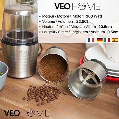 VeoHome Moulin à café et mixeur électrique broyeur pour Grains de café, Graine de Lin et Autres épices - INOX