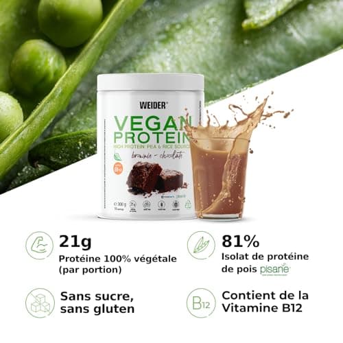 Weider Vegan Protein (300g) Goût Choco-Brownie, Protéines 100% Vegetal 21g/dose, Pois (Isolat Pisane) & Riz, Avec Vitamine B12 & Stevia, Sans Gluten, Sans Sucre, Emballage 50% Recyclé, 100% Recyclable