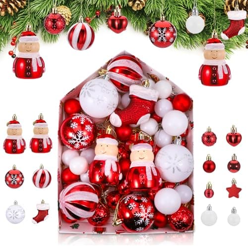 Kssvzz 72 Pcs Boule de Noel, Decoration Noel Sapin avec Lanière, Deco de Noel Mat et Brillant, Christmas Decorations à Suspendre - pour l'Intérieur et l'Extérieur, Anniversaires, Fêtes(Rouge, Blanche)