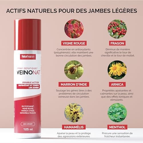 Laboratoire NaturAvignon Veinonat circulation sanguine jambes | Aide à soulager les effets de jambes lourdes | vigne rouge + 8 actifs naturels | crème jambes lourdes massage et relaxation spray 125mL