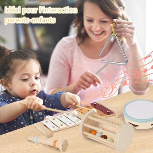 Joellfuner Instrument de Musique Bebe, Jouets Musicaux en Bois avec Xylophone, Triangle et Autre Instrument, 10 PCS Instruments Montessori, Bébé Batteries et Percussions Plus de 3+ Ans