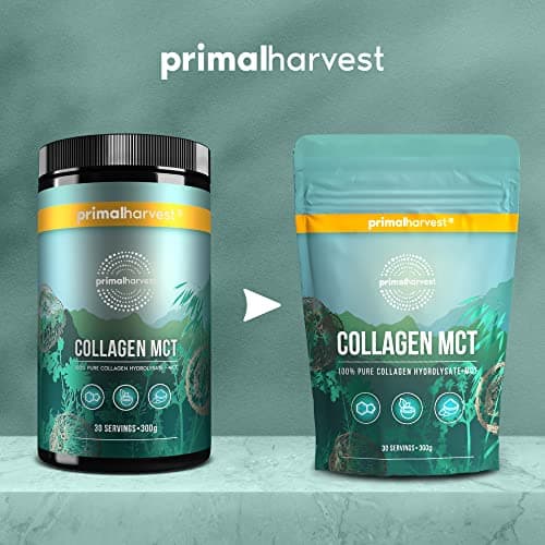 Primal Harvest Collagen MCT poudre - 30 portions - alimentation durable à l'herbe & poudre d'huile de noix de coco - hydrolysat de collagène- goût neutre & solubilité optimale
