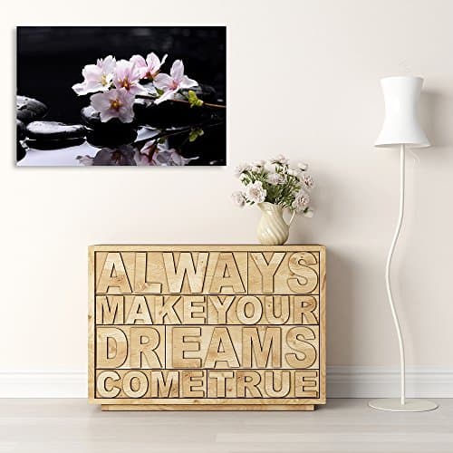 Feeby Frames, Tableau seul panneau, Tableau imprimé xxl, Tableau imprimé sur toile, Tableau deco, Canvas 40x50 cm, ZEN, CERISIER SAUVAGE, GALETS, EAU, NOIR, ROSE